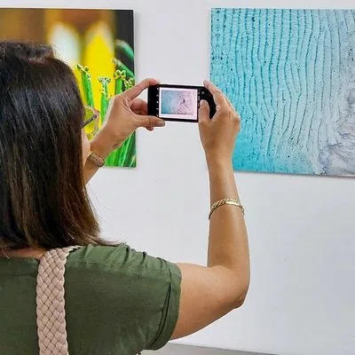 A woman taking a photo of a print on display