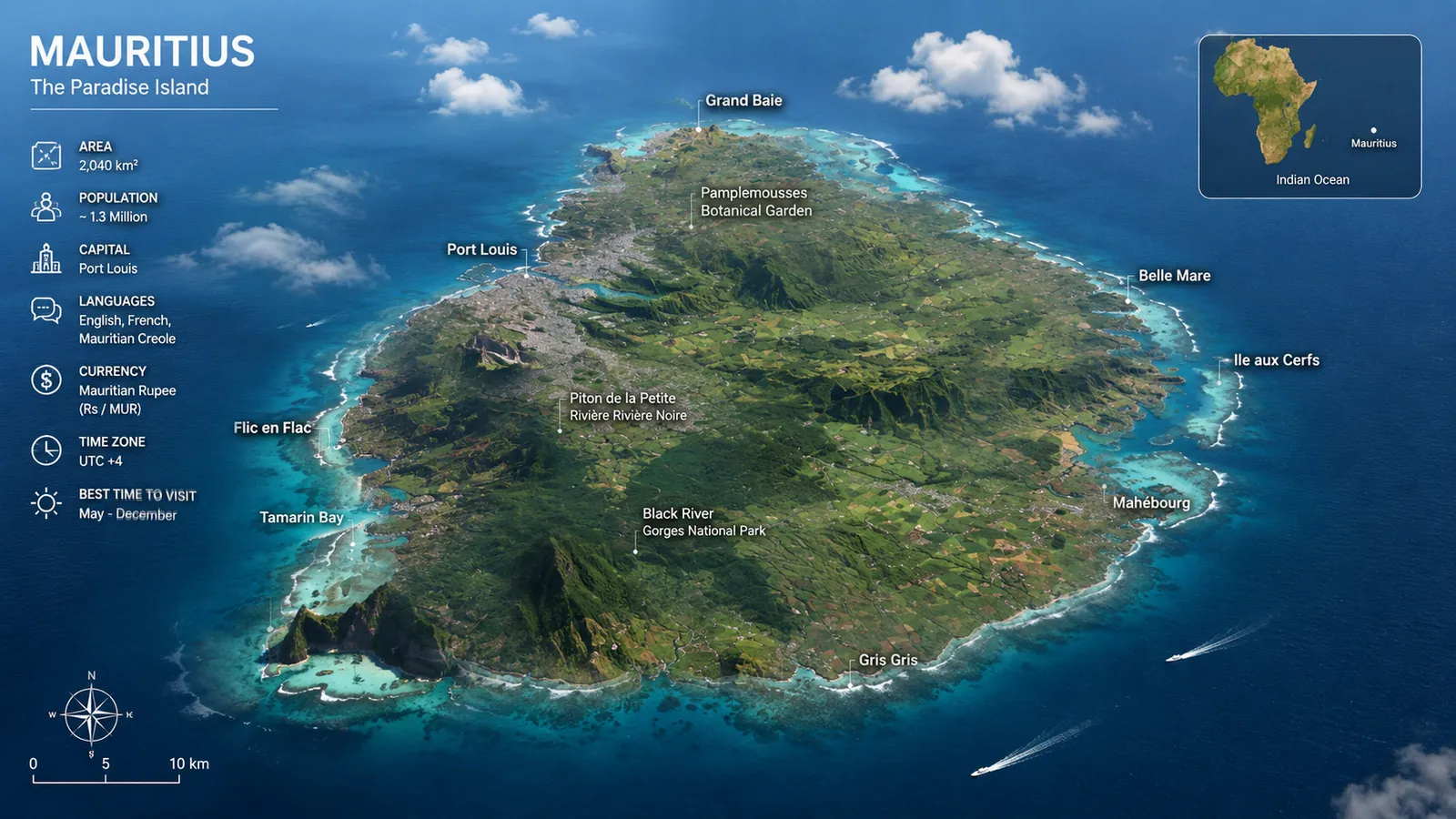 Aerial view of Mauritius coastline, lagoon and mountain landscape