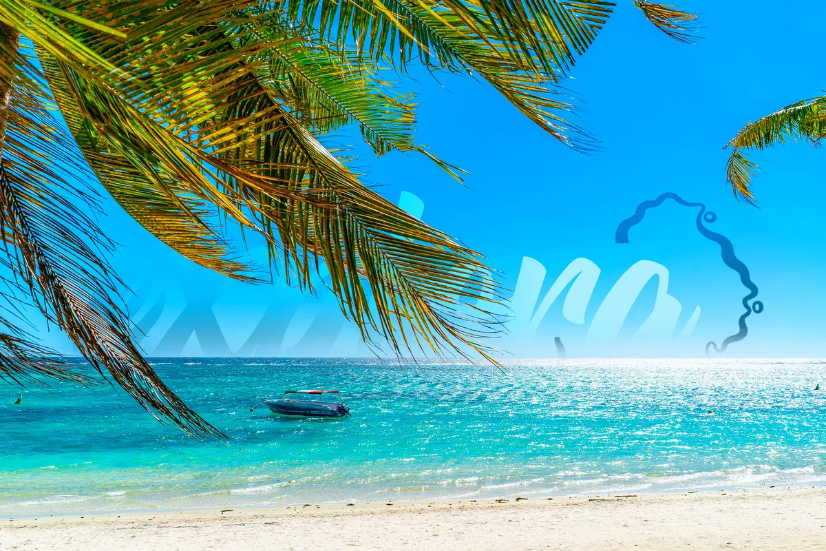 Palm trees over the turquoise sea and white sand of Trou aux Biches in Mauritius with subtle Explora branding