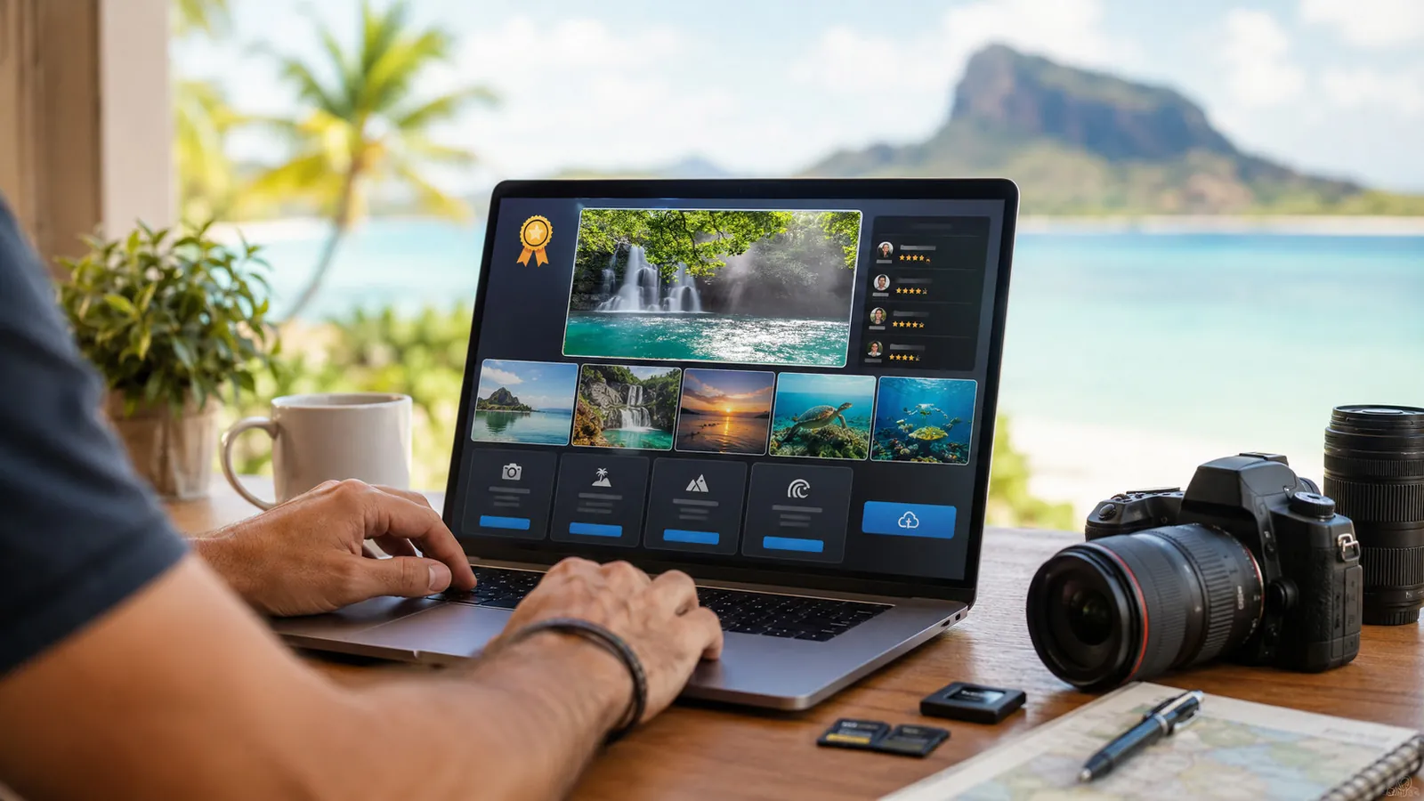 Photographer submitting Mauritius landscape photos to an online photo contest on a laptop