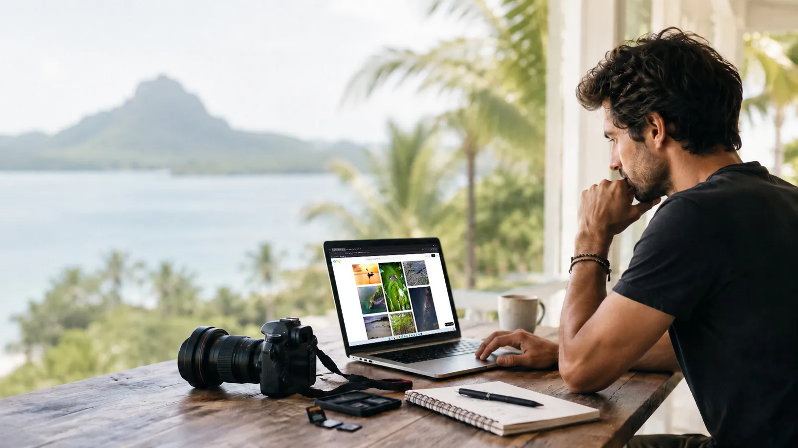 Young photographer at his desk preparing Mauritius landscape photos for submission on Explora