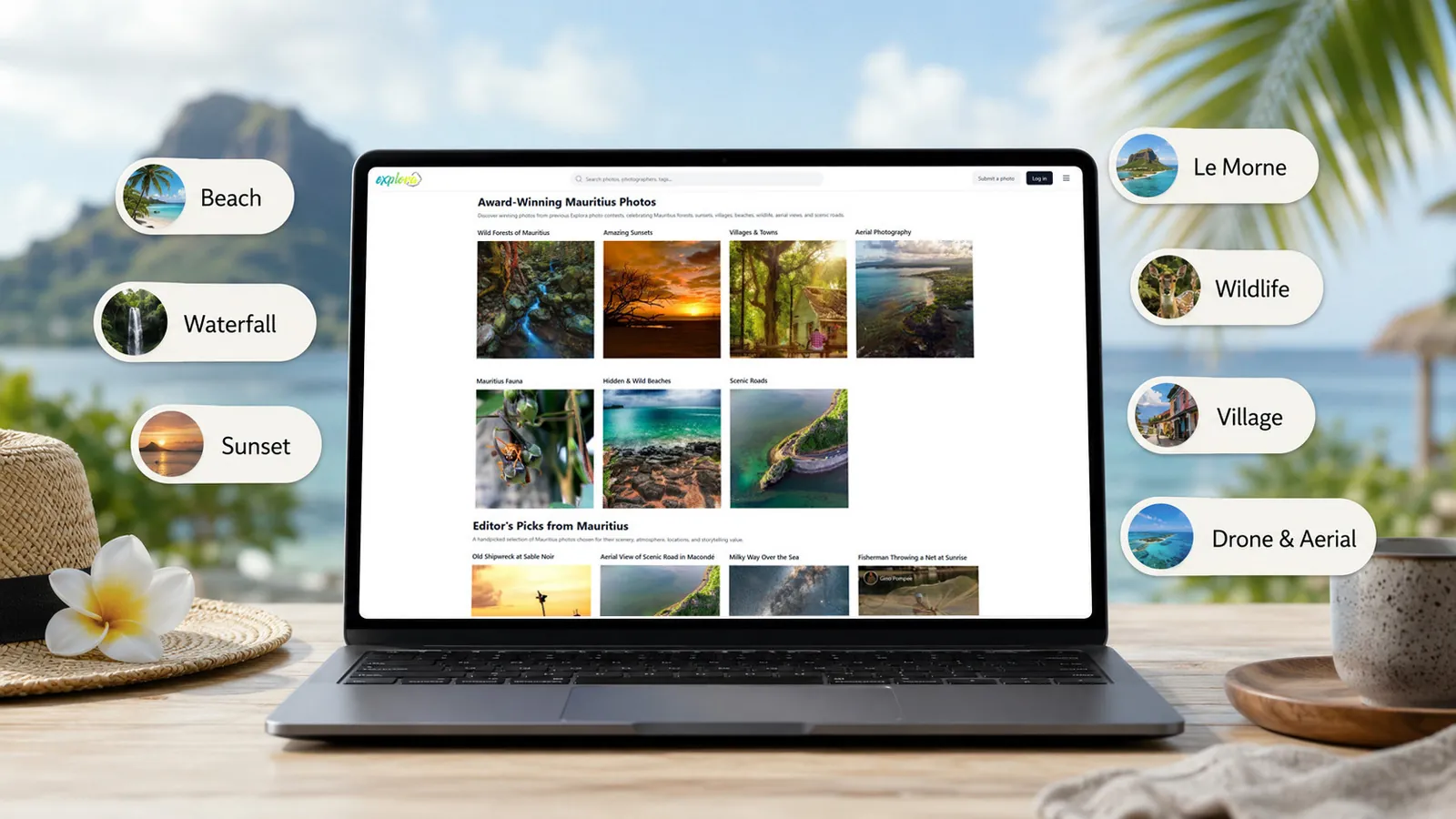 Mauritius Photo Tags on Explora Explora photo tags page displayed on a laptop with Mauritius photo categories and tropical island scenery in the background