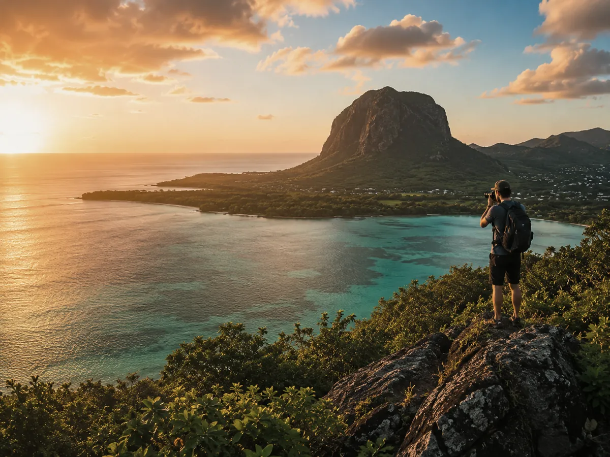 Photographer overlooking a turquoise Mauritius lagoon, mountain and coastline at golden hour