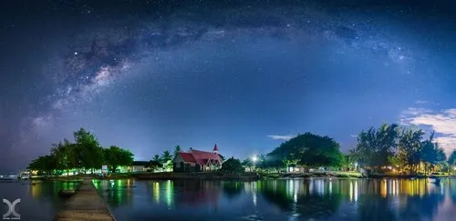 Panorama of Milky way above Red church of Cap Malheureux