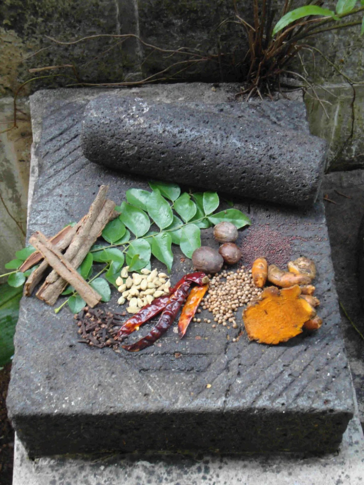 Traditional Roche Cari spice grinder used in Mauritian cuisine outdoors in Mauritius