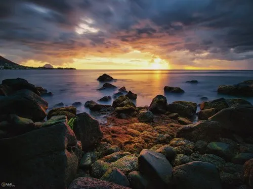 Cinematic & dramatic seascape & sunset at Tamarin bay