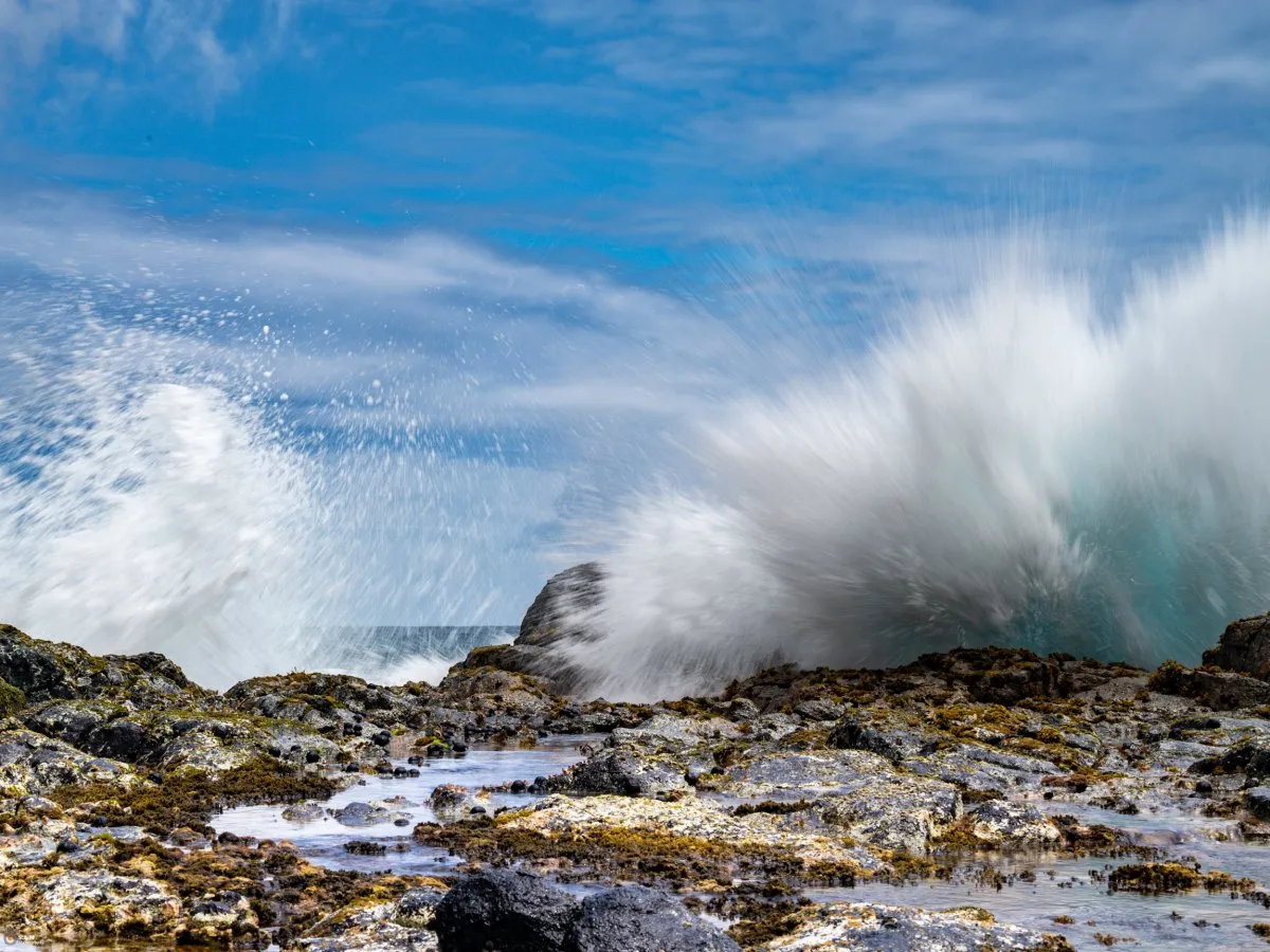 Waves crashing on rocky shores with green algae in Mauritius