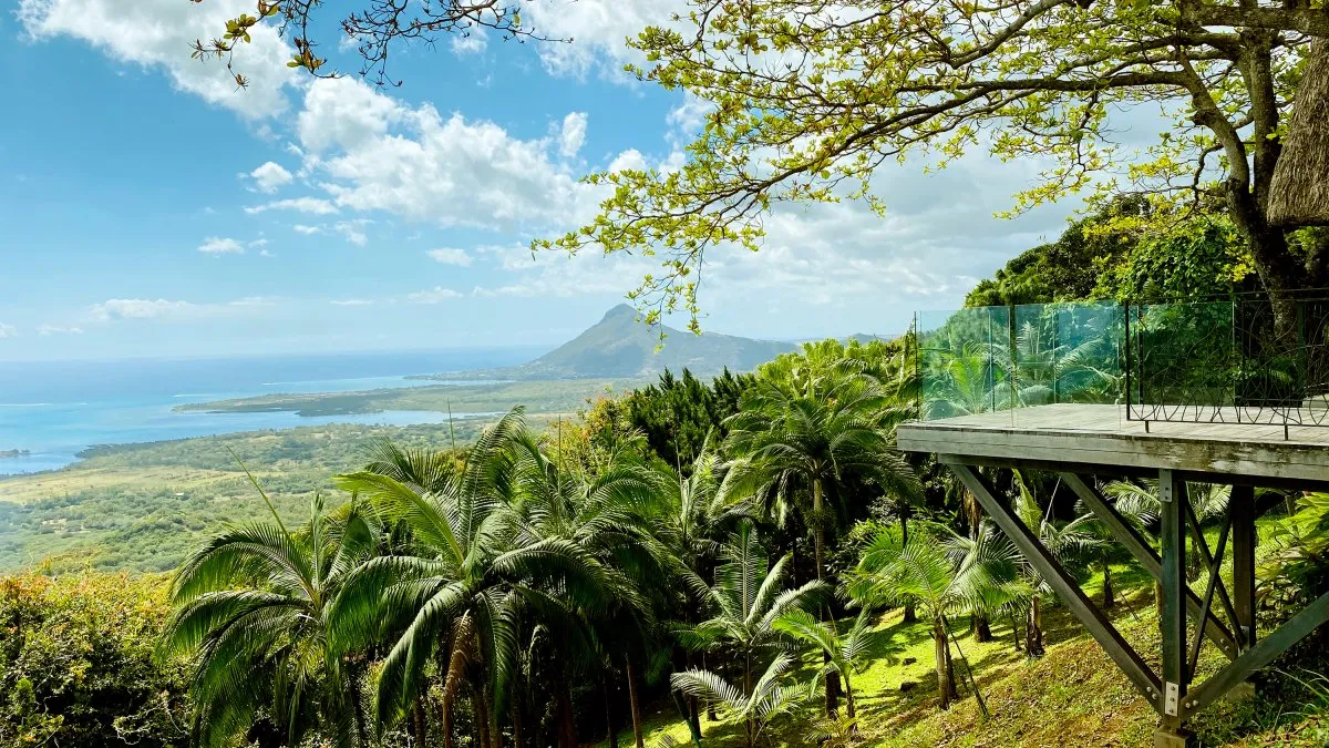 Le Chamarel Restaurant overlooking lagoon and lush greenery in Mauritius