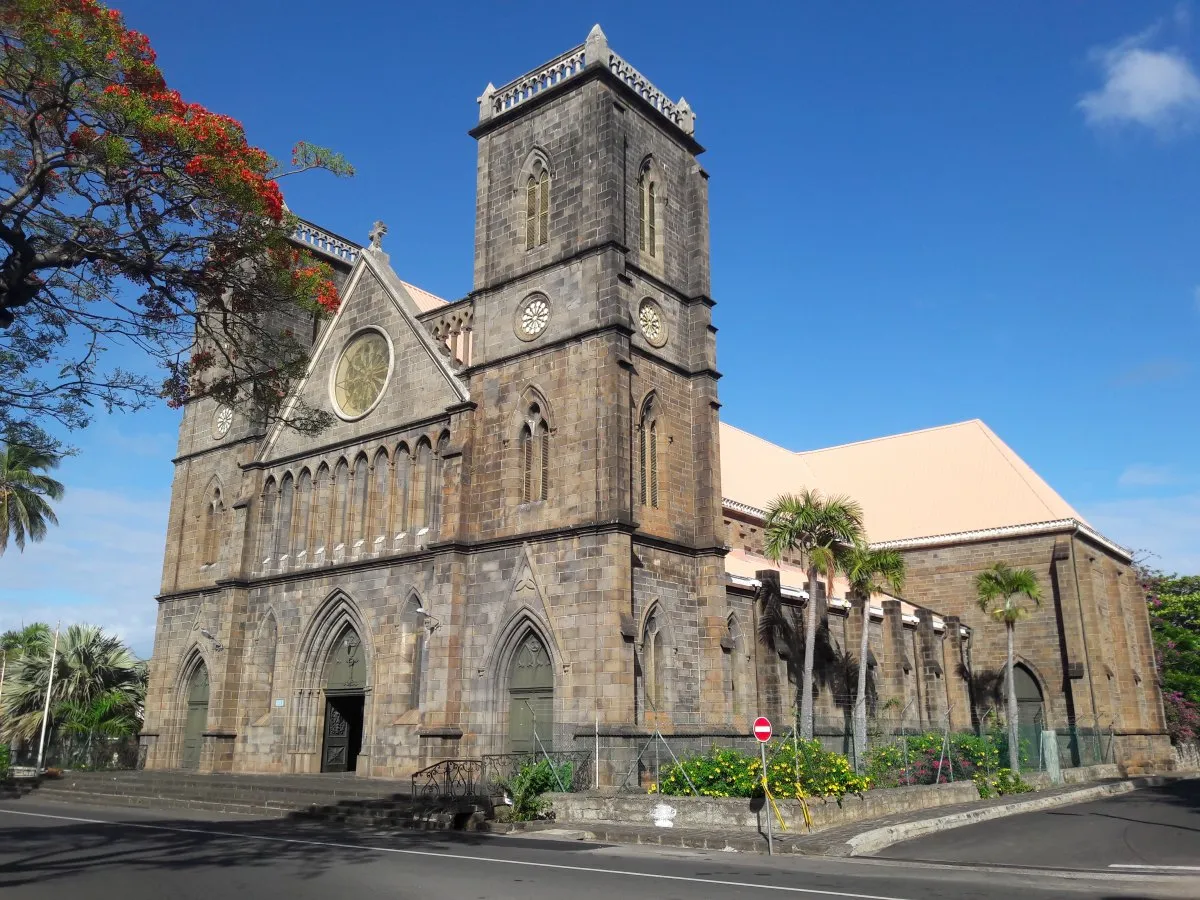 Historic Saint Francois Xavier Church in Port-Louis, Mauritius with surrounding town and road