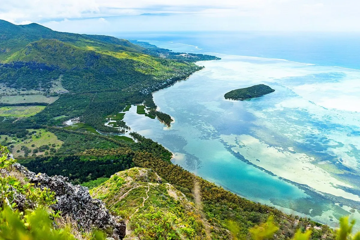 Scenic view of Ilot Fourneau and lagoon from Le Morne Mountain in Mauritius