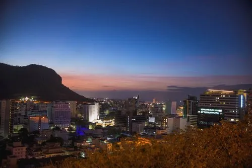 Port Louis cityscape with its buildings at night