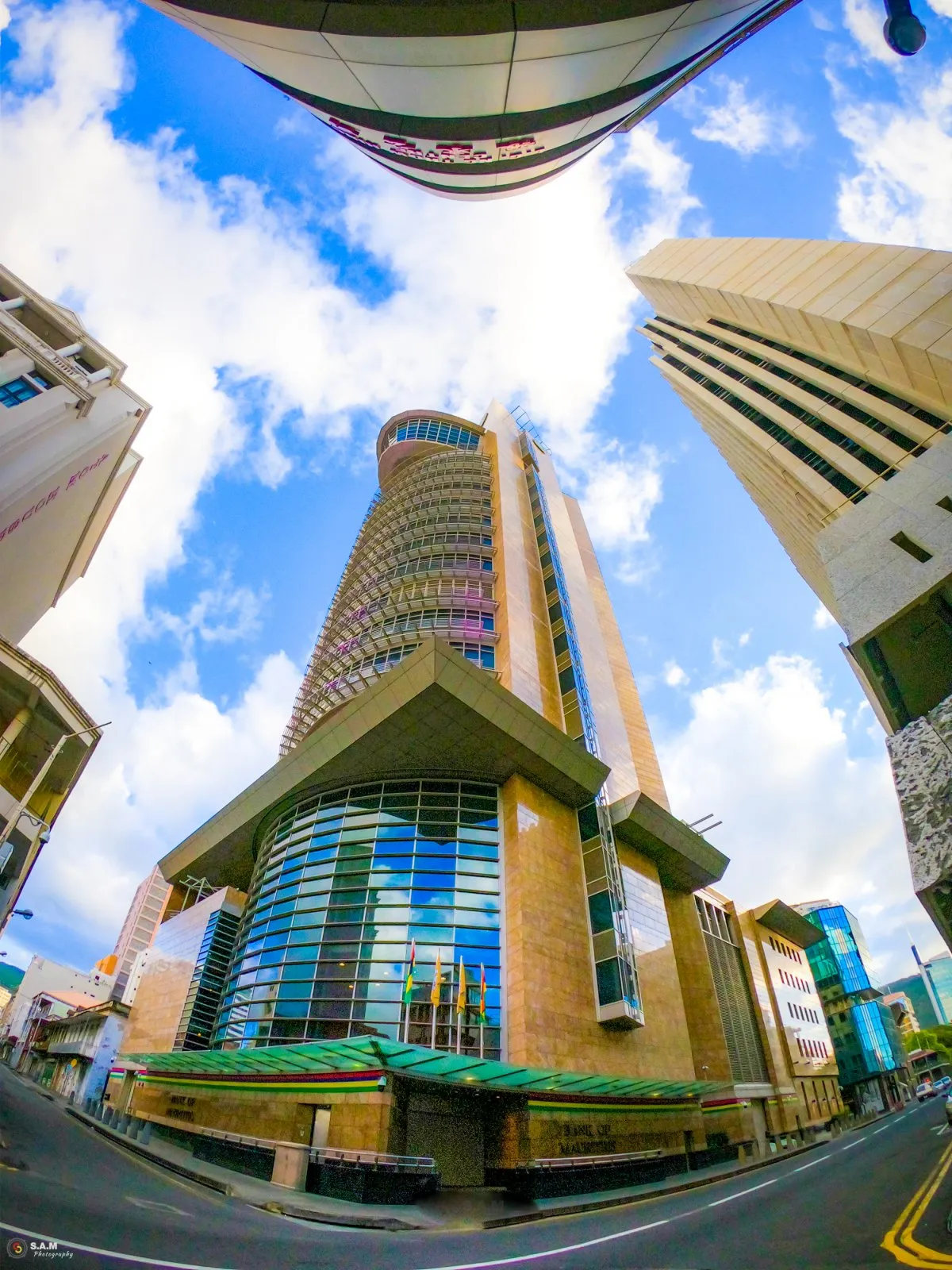 View of Bank of Mauritius and tall skyscrapers in Port Louis city, Mauritius on a clear day