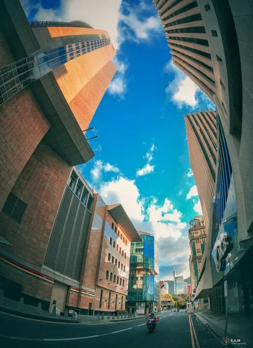 Fish eye view of royal street, MCB & BoM buildings in Port Louis