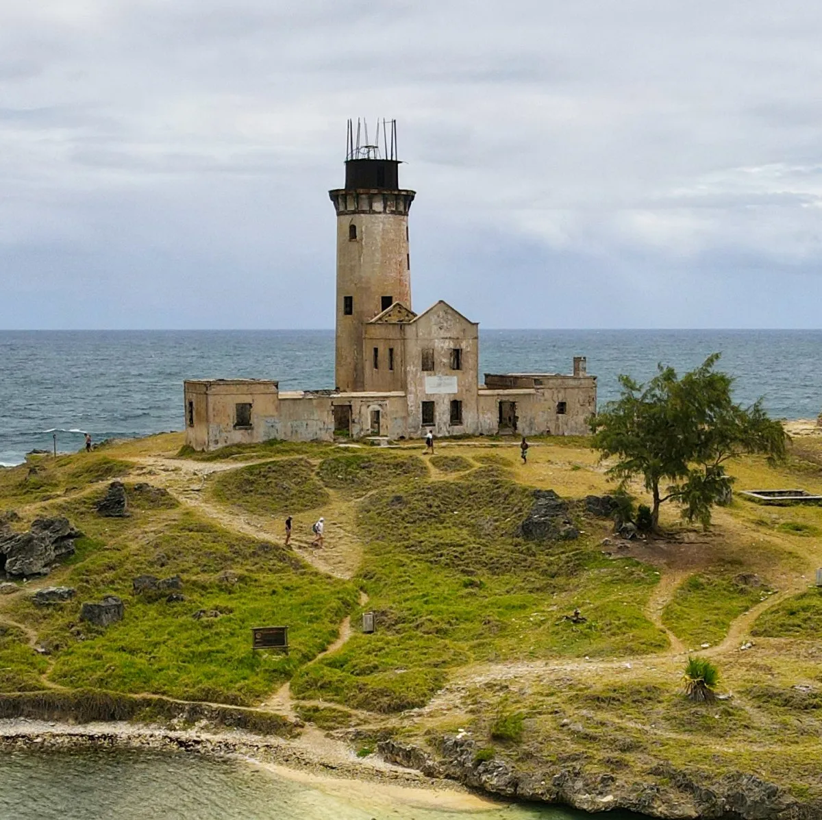 Aerial view of the historic Ile aux Fouquets lighthouse island in Mauritius with surrounding waters