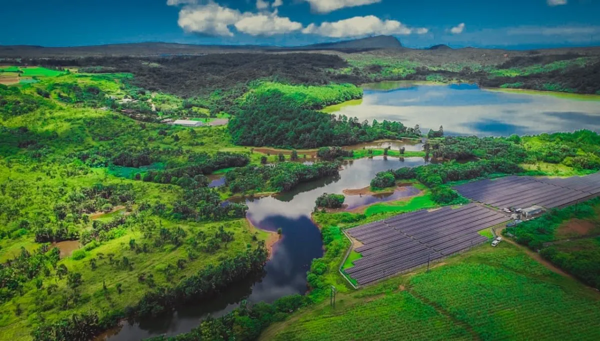 Aerial view of solar power plant near Tamarin Falls and reservoir in Mauritius surrounded by natural landscape