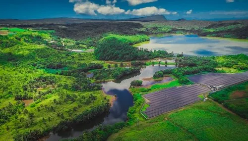 Aerial view of PV plant near Tamarin falls reservoir in Henrietta