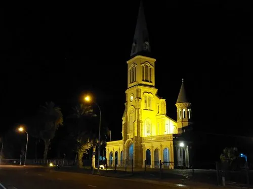 Sainte Thérèse catholic church illuminated at night
