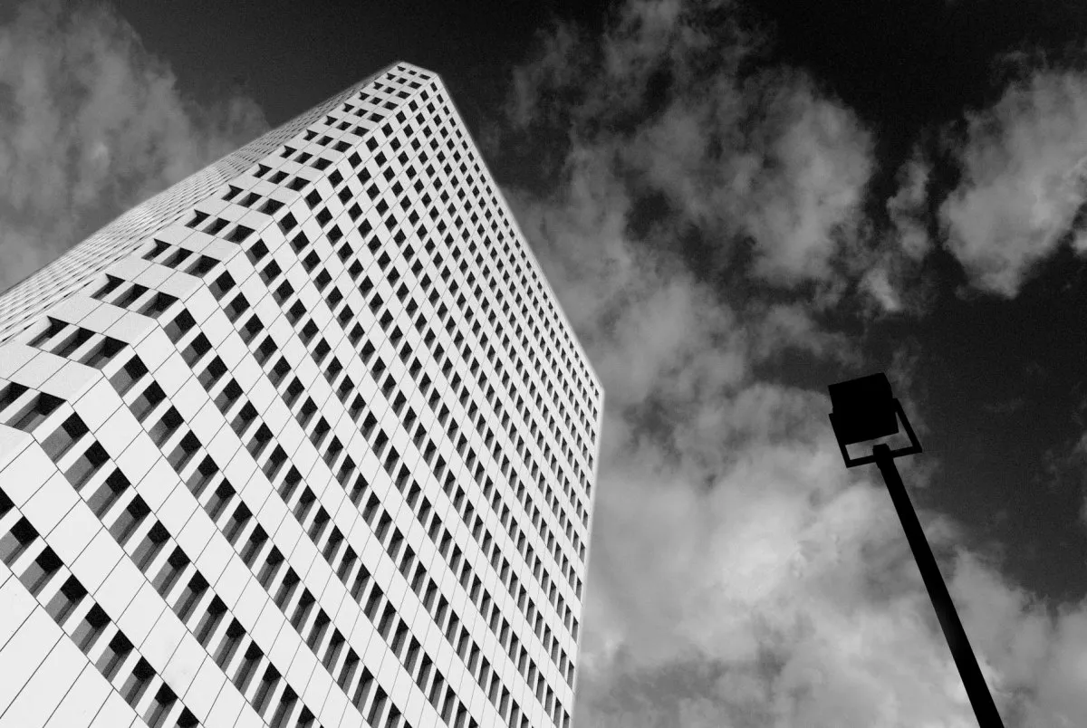 Black and white photo of the Air Mauritius building in Port Louis, Mauritius
