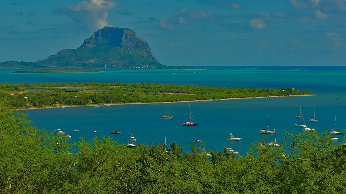 Scenic view of marina and Le Morne mountain from Marguery villa in Mauritius