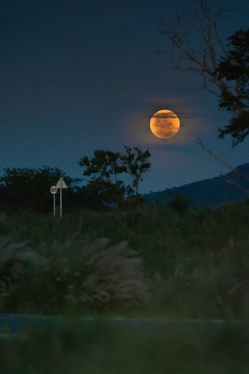Yellowish full Moon at night in a remote place