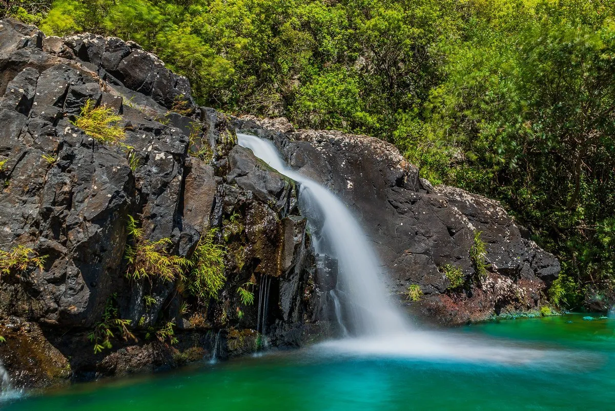 Waterfall and lake at Tamarind Falls surrounded by lush green plants and rocks in Mauritius
