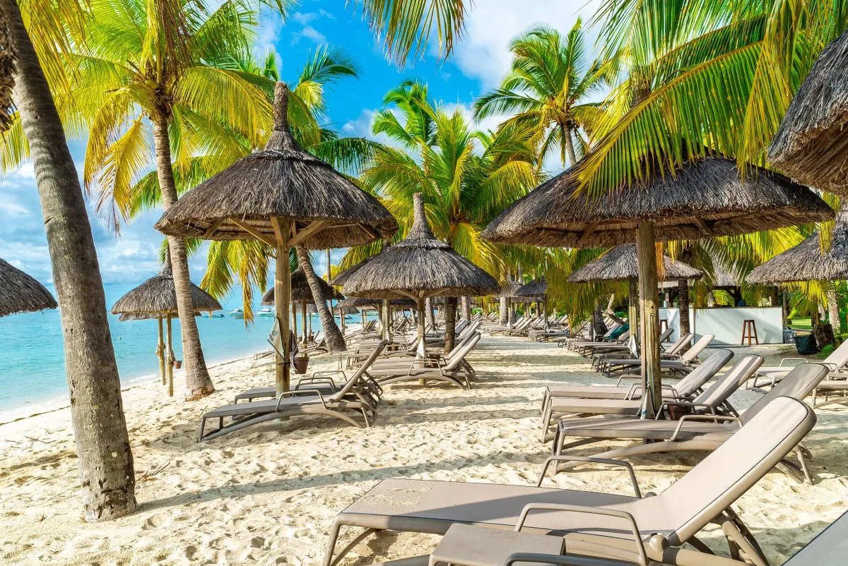 Turquoise sea and coconut trees at secret luxury summer beach in Mauritius at Le Paradis