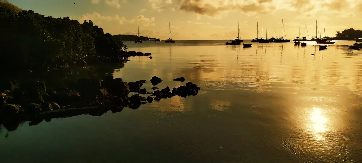 Sunrise reflecting on boats at Trou d'Eau Douce dock with rocky shore in Mauritius