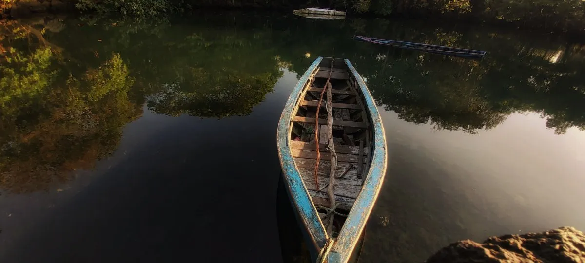 Old sank boats floating in shallow water at Trou d'Eau Douce with tree reflections in Mauritius