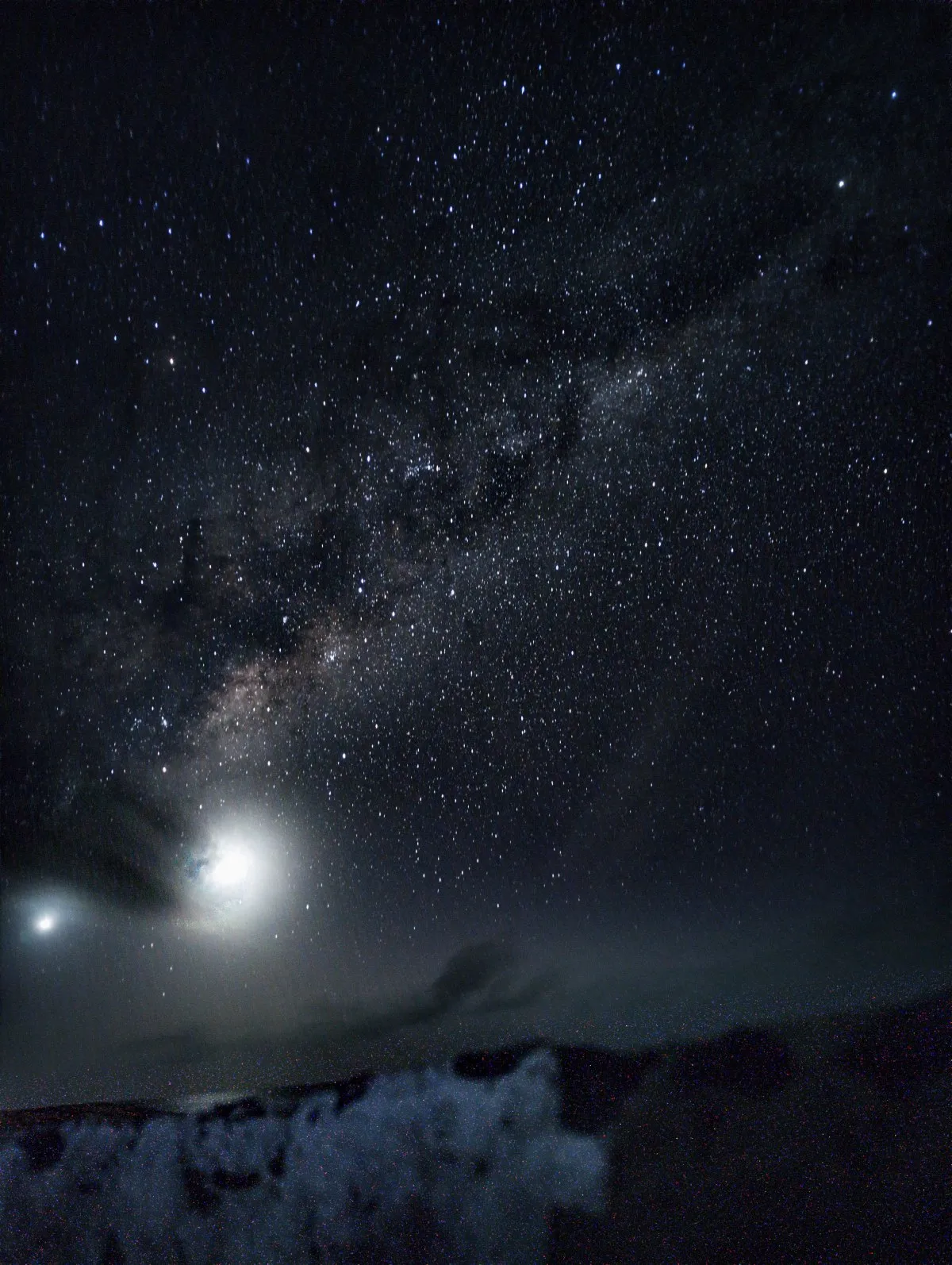 Milky Way core with the Moon and Venus over Trou Aux Cerfs crater in Mauritius at night
