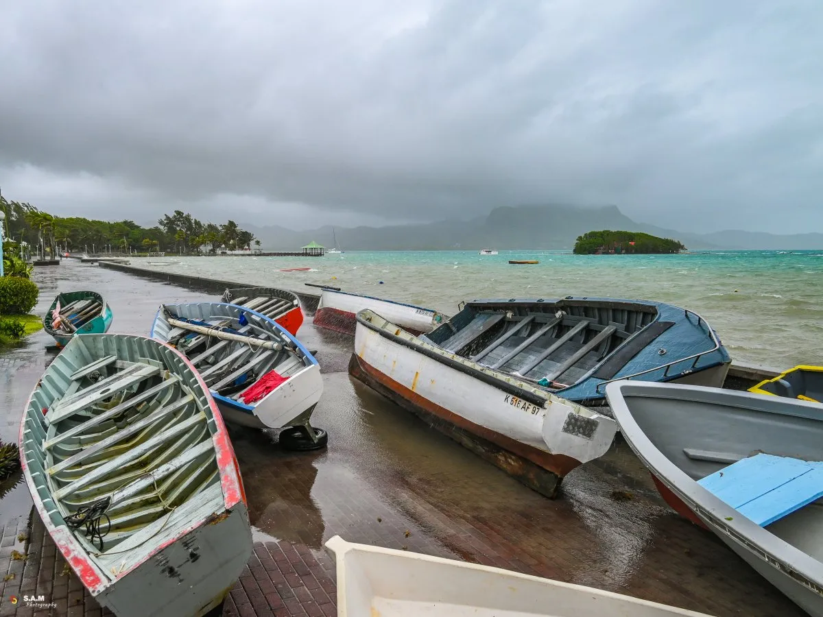 Pirogue pulled from the sea at Mahebourg waterfront during Cyclone Batsirai in Mauritius