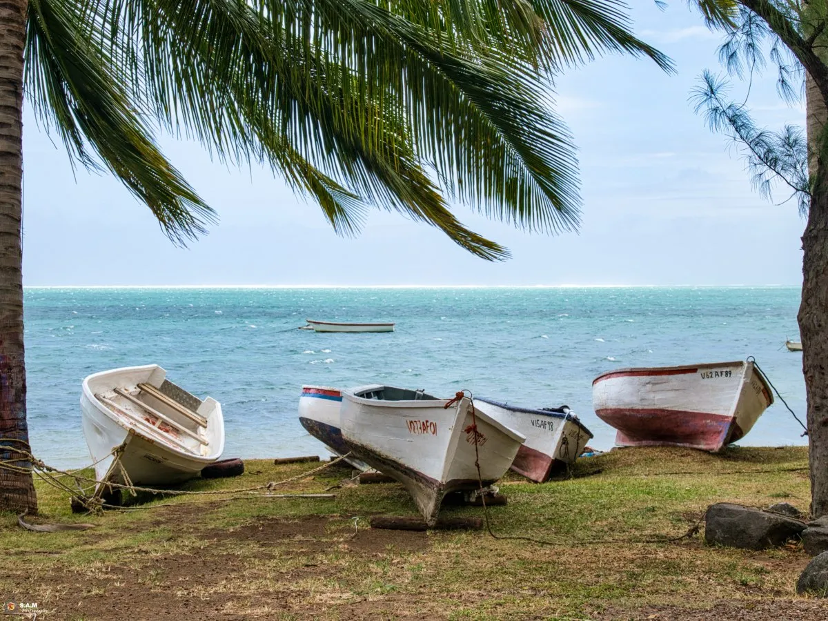 Fishing pirogues resting safely on Bel Ombre beach in Mauritius before a cyclone