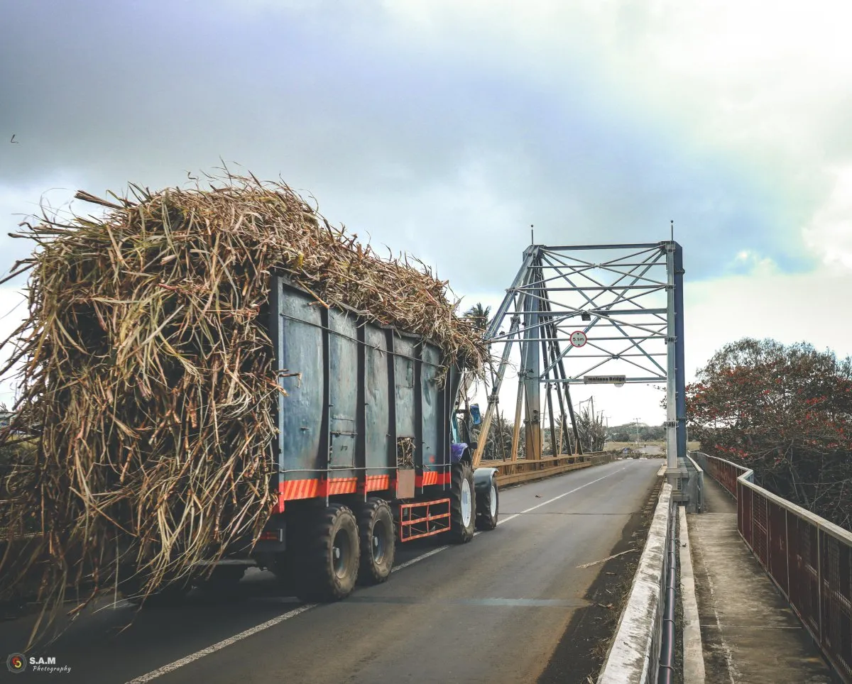 Sugarcane lorry crossing Omnicane Bridge over river in rural Mauritius