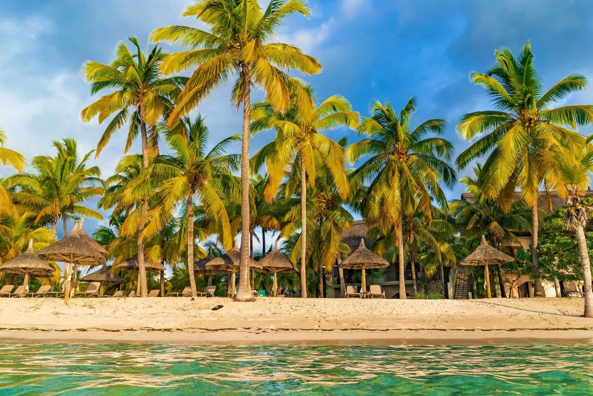 Le Paradis Beachcomber hotel with coconut trees along the shore in Mauritius