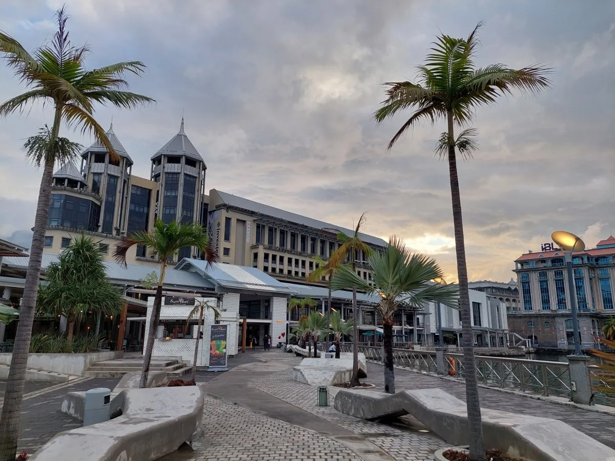 Caudan waterfront boardwalk lined with palm trees near the harbor in Port Louis, Mauritius