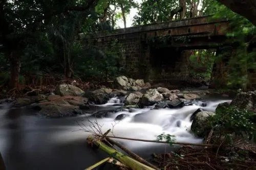 Water stream under Jacotet river bridge at Riviere des Galets