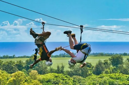 Sliding upside down on dual zip lines at Casela nature park