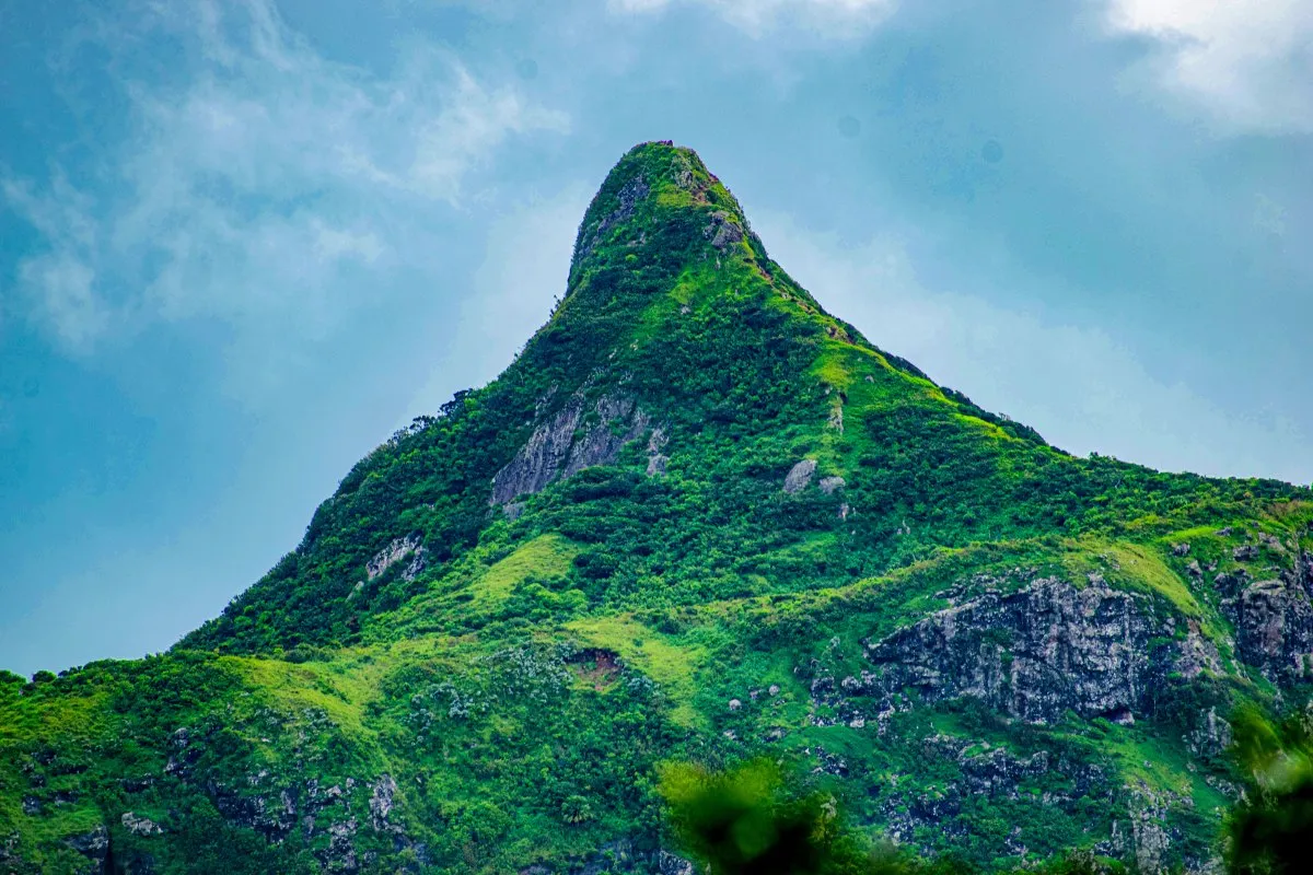 Close-up view of Le Pouce Mountain covered with lush green vegetation in Mauritius