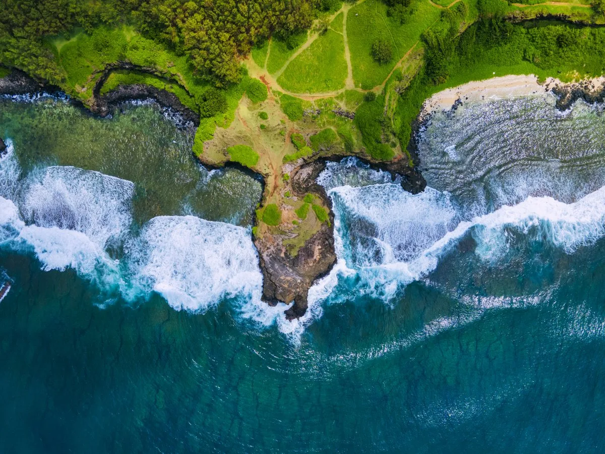 Aerial view of Roche Qui Pleure cliffs and waves in southern Mauritius with lush vegetation