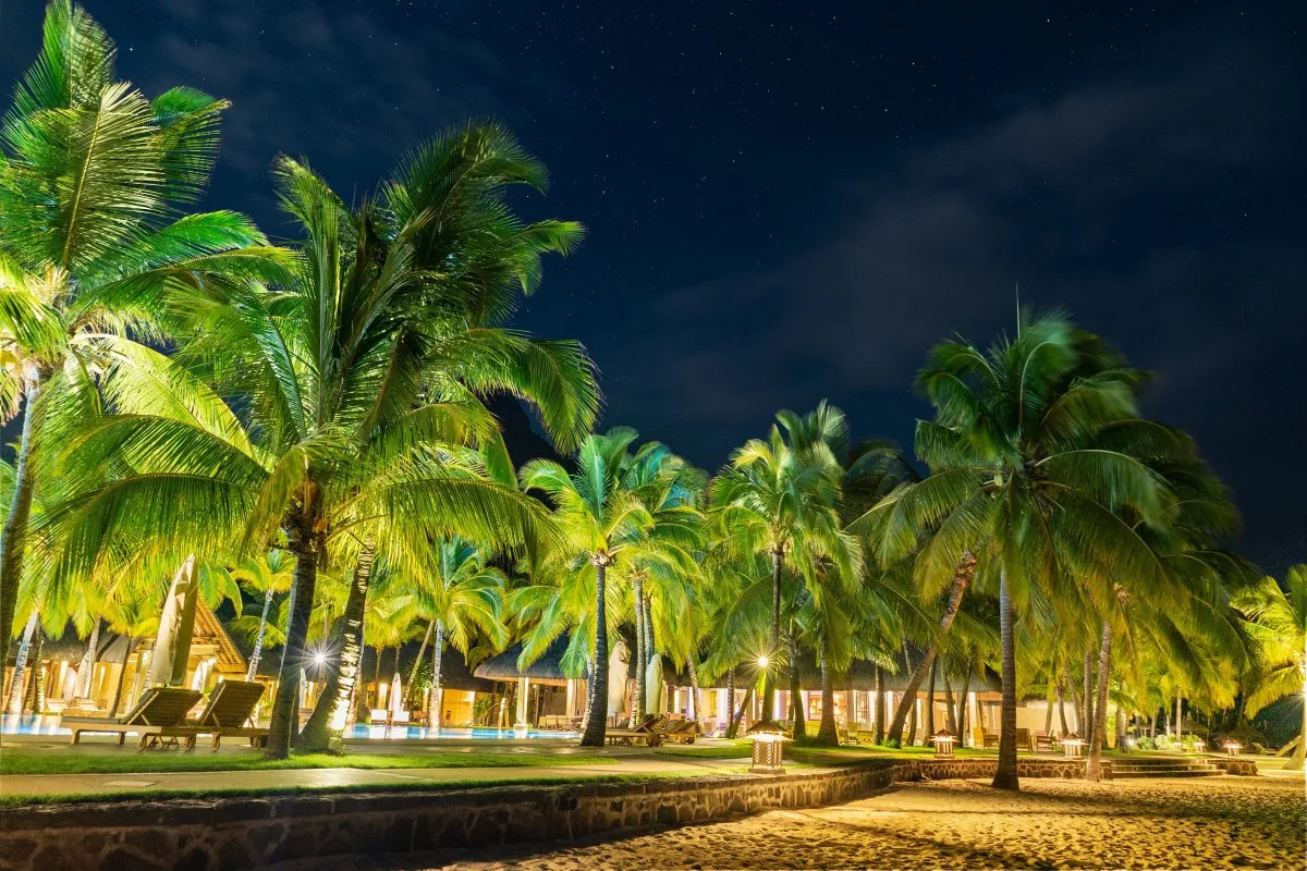 Illuminated palm trees on the beach at night with luxury resort in Mauritius