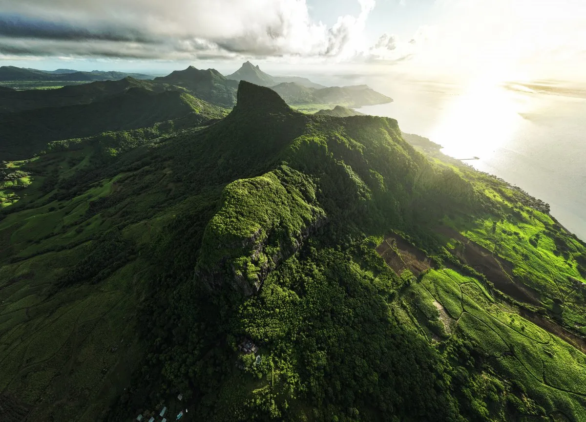Aerial shot of Lion Mountain covered in greenery at sunrise in Mauritius