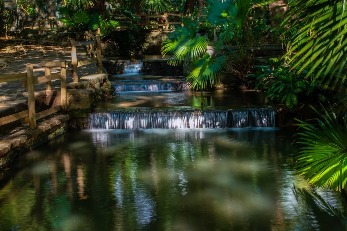 Man-made decorative waterfalls surrounded by lush vegetation at Casela Garden in Mauritius