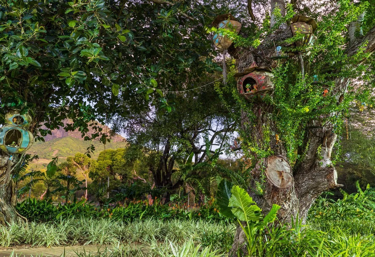 The Elf Tree with fairy homes at Casela Nature Park in Mauritius at night