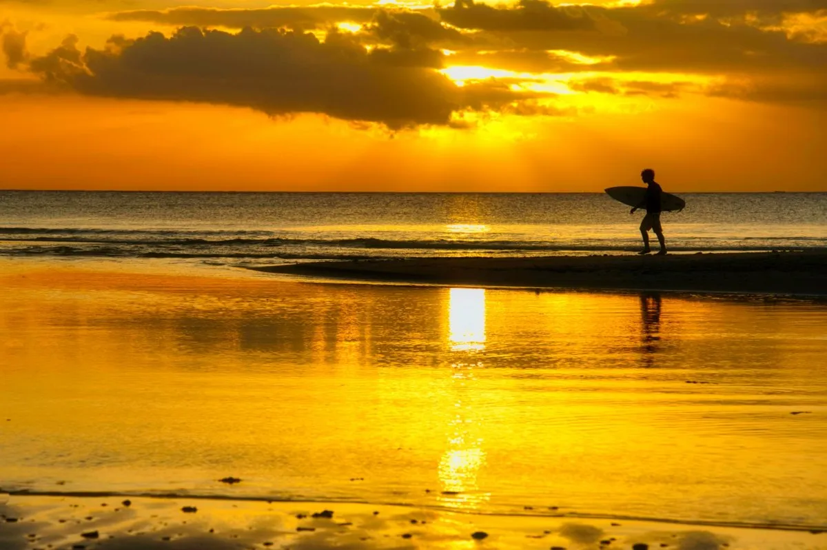 Silhouette of a surfer walking on Tamarin Beach at sunset with golden sky reflection in Mauritius