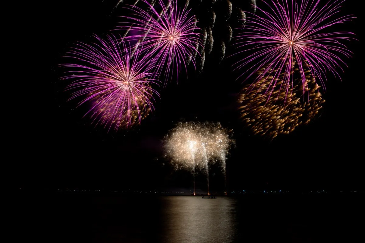 Night fireworks display over sea resort at Constance Belle-Mare Plage in Mauritius