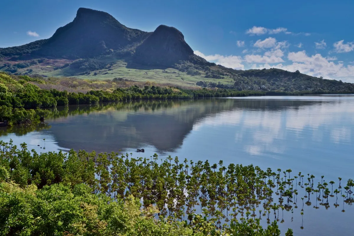 Scenic bay at Ferney in Mauritius where the Dutch first landed, view of shoreline and mountains
