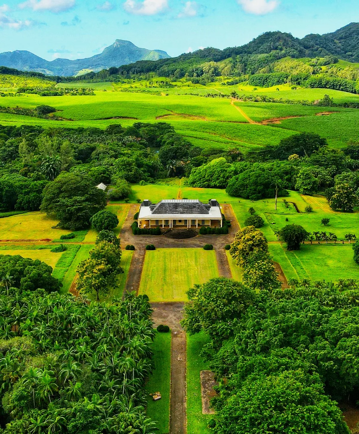 Aerial view of Chateau Riche en Eau surrounded by lush vegetation in Mauritius