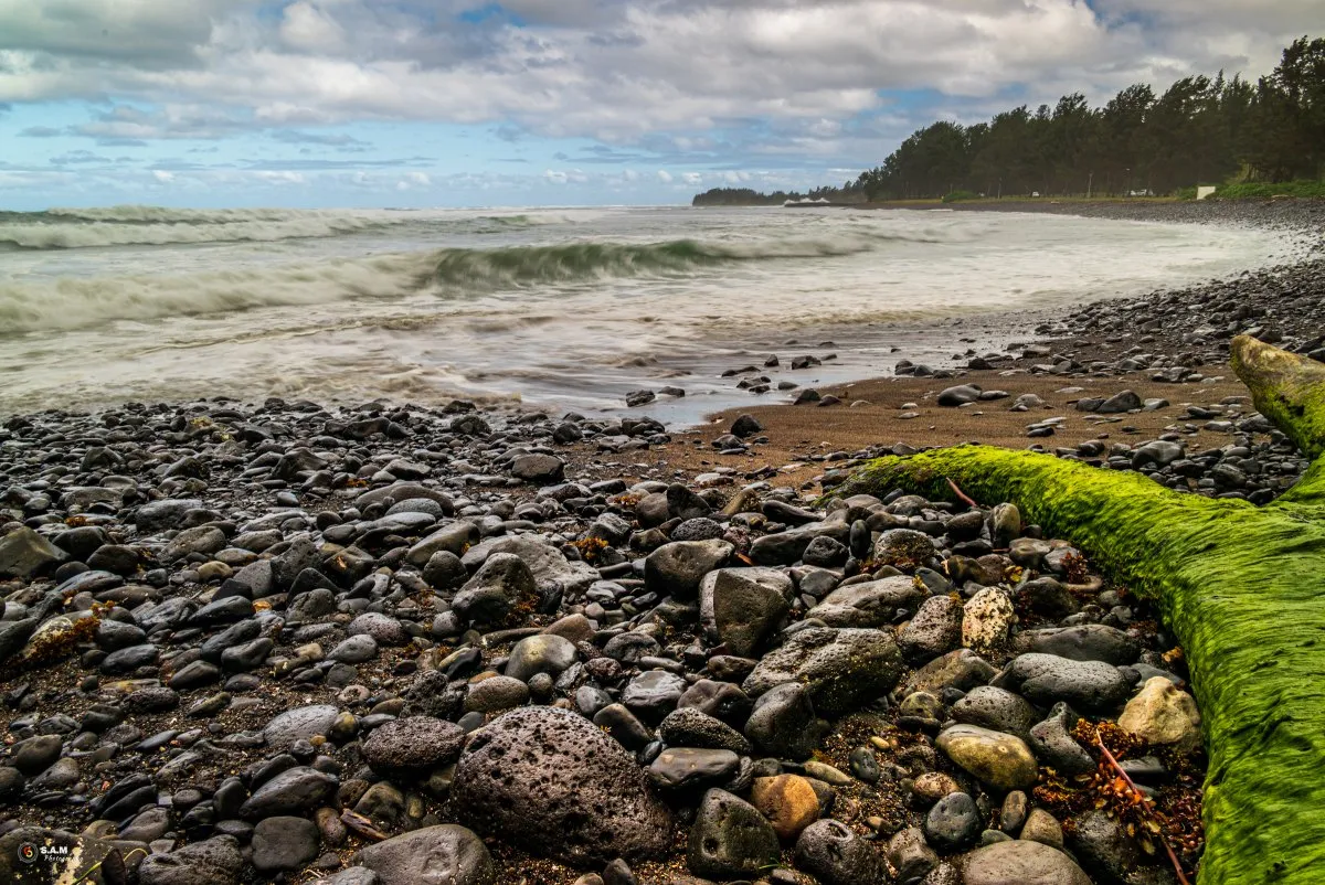 Pebble-covered beach and waves at Riviere des Galets, Mauritius