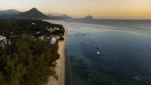 Aerial view of Flic en flac beach before dawn