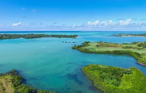Aerial view of Ile aux Cerfs lagoon from Anahita
