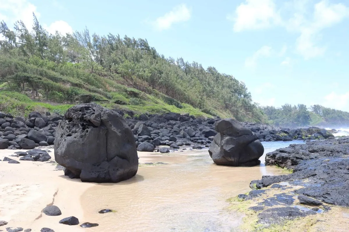 Bénarès wild beach with volcanic rocks and lush vegetation on the south coast of Mauritius